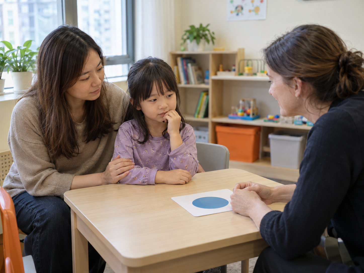 AI 生成情境圖片：香港媽媽陪伴孩子面對老師的提問