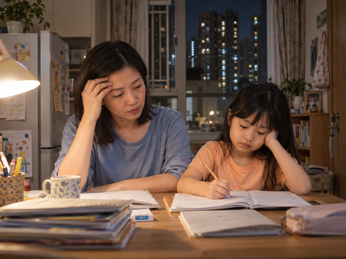 AI 生成情境圖片：香港媽媽與孩子在家中面對晚間功課